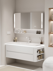 Mueble de baño de roble moderno, placa de <span class=keywords><strong>roca</strong></span> doblada en caliente, lavabo de cerámica integrado, mesa de lavabo de viento en crema, diseño personalizable - Product Image 2