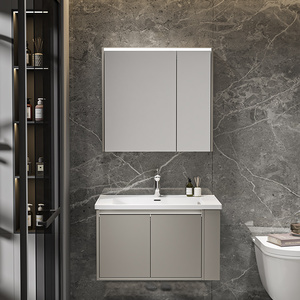 <span class=keywords><strong>Mobile</strong></span> <span class=keywords><strong>Bagno</strong></span> Sospeso di Lusso a 2 Ante, Grande Capacità, con Lavabo Integrato, Laccato Grigio Chiaro, con Illuminazione Laterale Rotonda - Product Image 3