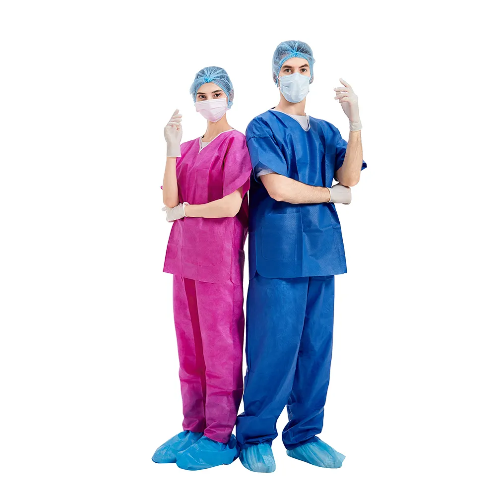 clinic uniform doctors scrub suits Manufacturer Hospitals Disposable V-neck Nonwoven scrubs sets with short open sleeve