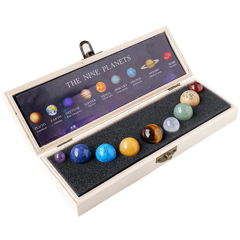 كرة بلورية طبيعية نظام شمسي تسعة كواكب علمية مجموعة عرض تعليمية أحجار كريمة تعليمية نموذج معونة حرفية مع صندوق هدايا