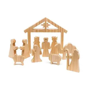 Figuras de Natividad navideña de madera, figuras de Natividad, cuna de María, hervidor de Jesús, bebé de tres hombres sabios, regalo de Navidad