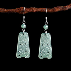 Pendientes de jadeíta natural auténtica de grado A, estilo antiguo con diseño de flor de ciruelo, pendientes de jadeíta de grado hielo en plata S925. - Product Image 3