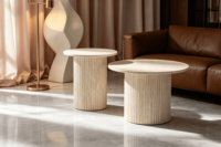 Ensemble de tables basses gigognes rondes, plateau en MDF avec autocollant travertin jaune, base cylindrique cannelée, tables d'appoint modernes pour salon