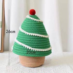 Christmas Tree Shape Cotton Rope Storage Basket With Lid 26cm Height For Desk Bedroom Organization Modern Handmade Design - Product Image 1