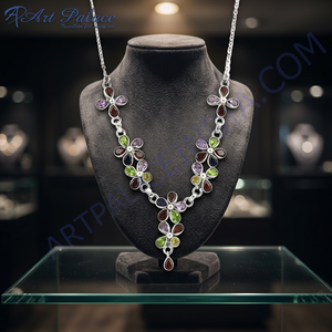 Collier Statement en Forme de Fleur Art Palace pour Femme, Argent 925 Plaqué Rhodium, Pierres Précieuses Multicolores, Style Bohème, Usage Quotidien - Product Image 2
