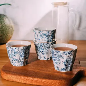高品质茶杯套装蓝色贴花金杯茶杯艺术装饰陶瓷咖啡瓷杯