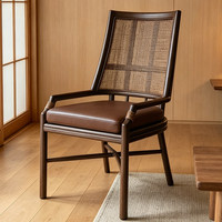 Chaise en bois massif orientale vintage MULIGNA, dossier en rotin naturel tissé, assise rembourrée en cuir, pour salon de thé, restaurant, hôtel, villa