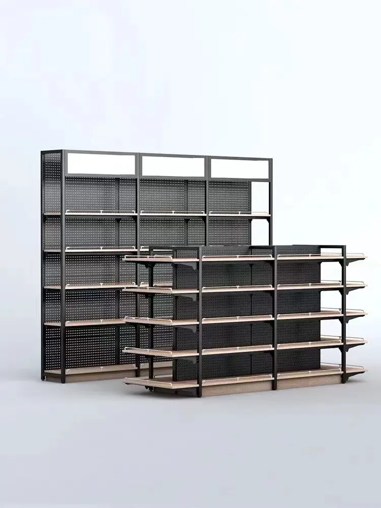 wooden supermarket Steel wood grain combined Display store shelves retail shelf grocery rack single double side