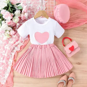 2023 Summer Children Wholesale Clothing Short Sleeve Love Heart Print T Shirt Pleated Skirt Hat 3Pcs Clothes For Kids Girls