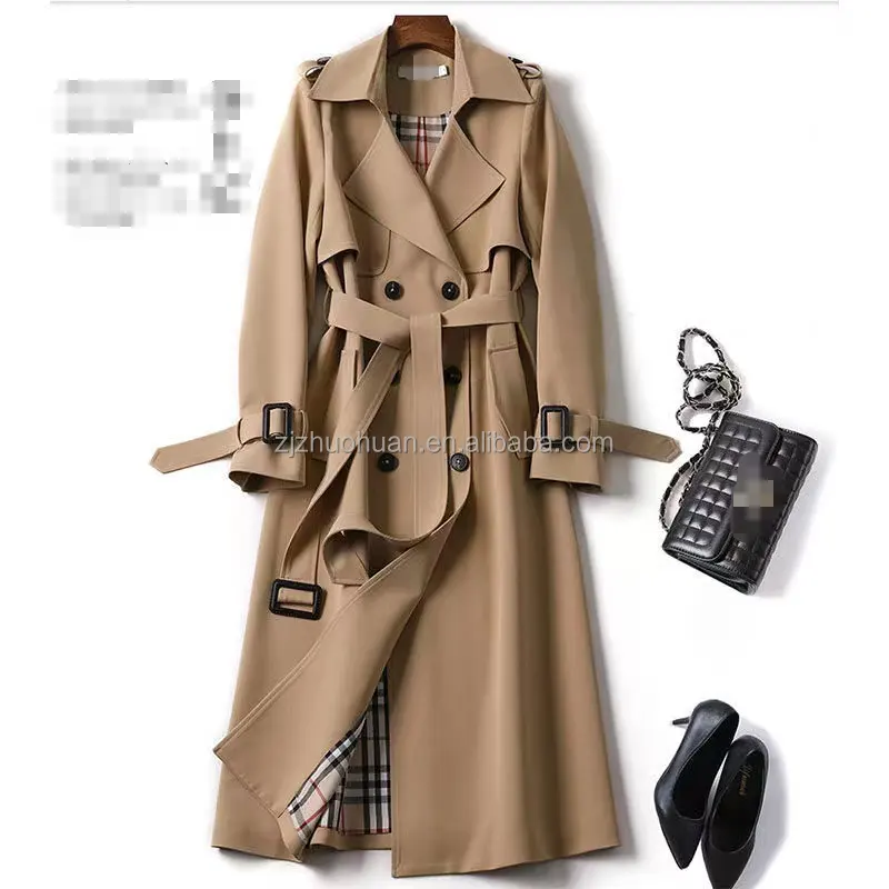 Korea Style Causal Double Breasted Long Trench Coat Elegant Luxury Brown Women's Winter Jacket Coat with Belt