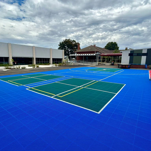 Patio trasero al aire libre cancha multideportiva con cancha de baloncesto pintada y cancha de pickleball líneas de dimensión baldosas - Product Image 3