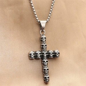 Stainless Steel Skull <b>Cross</b> Pendant Necklace For Men Punk Retro Style Geometric Design Fashion Jewelry - Product Image 1