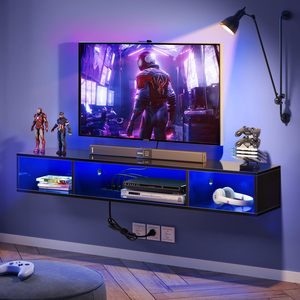Toma de corriente, consola de medios <span class=keywords><strong>negra</strong></span>, entretenimiento flotante, estante de TV montado en la pared, gabinete de soporte con luces RGB para sala de estar - Product Image 1