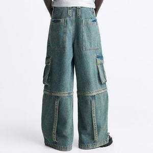 Pantalones Anchos Personalizados de Moda Urbana al por Mayor con Correas Multifuncionales, Jeans Cargo Desmontables Azules Lavados para Hombre - Product Image 4