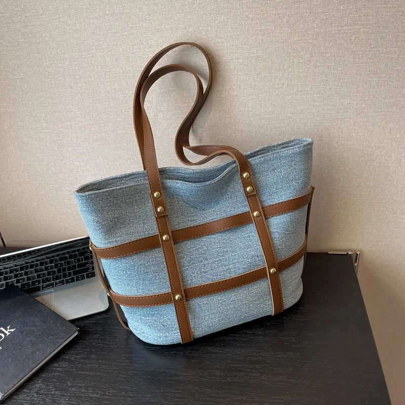 2023 Neue große große Handtaschen schick Ledertasche Plaid Geldbörse Mode einfache Denim Einkaufstaschen