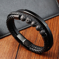 Bracelet en cuir véritable tressé double couche pour hommes créatifs de luxe avec perles en pierre de lave PVD fermoir magnétique en acier inoxydable noir