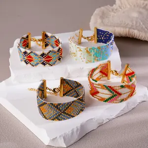 Pulseiras de joias Miyuki étnicas ajustáveis para mulheres, padrão geométrico personalizado, formato largo, estilo boêmio