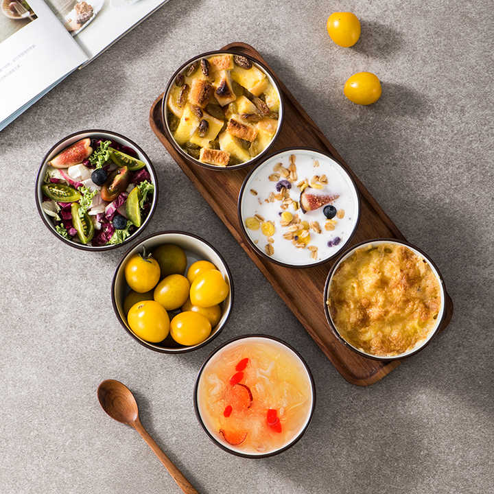 Wholesale Japanese Korean Style Baking Dish Cream Pudding Fruit Bowl Stoneware Ramekin Ceramic Baking Bowl Set with Pattern