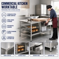 Table de travail commerciale moderne avec tiroirs, station de cuisine en acier inoxydable, étagère inférieure ouverte pour boulangerie, restauration et préparation de repas