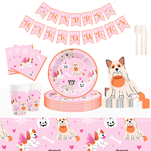 DAMAI Happy Halloween Party Supplies Pumpkin Black Cat and Cute Ghost Design Purple and Black Vibe Halloween Plates and Napkins - Product Image 1