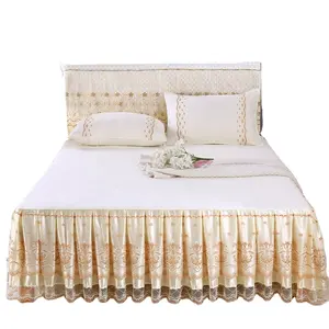 Hot Sale Luxury Cotton Silky Lace Bedspread Queen Bed Skirt Bed Sheets Set with pleats Skirt