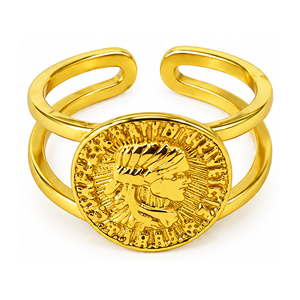 Vintage Gold Plated Cocktail <b>Ring</b> With Round Relief Medallion Double Rail Design Unisex Fashion Jewelry - Product Image 1