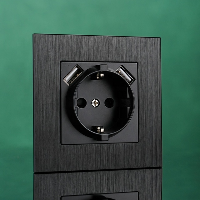 Black Brushed Aluminum Wall Outlet Socket European Standard German Socket With Double USB Type a Ports