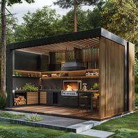 Cuisine extérieure moderne pour balcon urbain, compacte, avec armoires de rangement étanches, unité modulaire avec plan de travail en acier inoxydable
