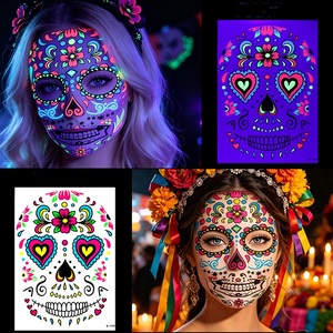 Tatuajes Temporales que Brillan en <span class=keywords><strong>la</strong></span> Oscuridad, UV Neón, Dí<span class=keywords><strong>a</strong></span> de Muertos, Calavera Mexicana, Pegatinas Faciales para Halloween - Product Image 5