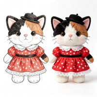 Peluche chat calico mignon, poupée chat en peluche kawaii avec mini chapeau noir, robe à pois rouges et dentelle, en coton PP doux