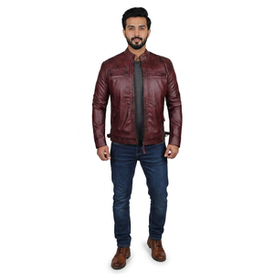 <b>Men's</b> Custom Stand Collar Genuine <b>Leather</b> Vintage Moto Style Varsity <b>Jacket</b> for Autumn - Product Image 1