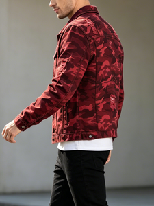 <strong>Men</strong> <strong>Red</strong> Camouflage Ripped Denim Trucker Jacket Distressed Vintage Streetwear Casual Long Sleeve Breathable 100% Cotton <strong>Jean</strong> - Product Image 5