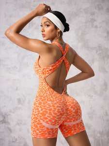 Combinaison <span class=keywords><strong>de</strong></span> <span class=keywords><strong>sport</strong></span> QIFA sans couture à imprimé léopard, avec bretelles croisées, short <span class=keywords><strong>de</strong></span> yoga, vêtements <span class=keywords><strong>de</strong></span> yoga, body moulant, vêtements <span class=keywords><strong>de</strong></span> <span class=keywords><strong>sport</strong></span> à haute élasticité - Product Image 2