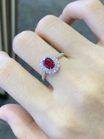 Bague de mariage Lanphear Jewelry en platine PT950, sertie d'une pierre précieuse rouge ovale vintage, avec double halo festonné et pavé de diamants