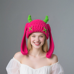 Cappuccio di corno del diavolo carino puro fatto a mano grandi orecchie di coniglio caldo cappello lavorato a maglia per un inverno fresco e neutro - Product Image 4