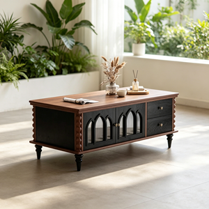 Vintage Gothic Wooden Coffee <b>Table</b> with Glass Doors & Drawers, <b>Storage</b> Living Room <b>Table</b> - Product Image 3