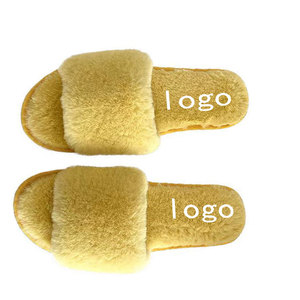 Zapatillas con punta abierta peluda y esponjosa de felpa con logotipo personalizado para mujer, Tobogán de una correa, acogedor, cálido, invierno, algodón suave, antideslizante para - Product Image 5