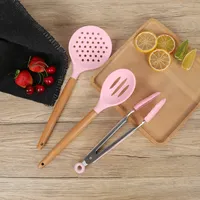 10PCS pink kitchen accessories luxury wood utensils cute silicon tools set 2021 silicone kitchenware set