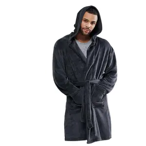 Ky Groothandel Warme Fleece Donkergrijze Open Voorkant Stropdas Sluiting Functionerende Zakken Slaapjas Voor Heren Winter Pyjama 'S