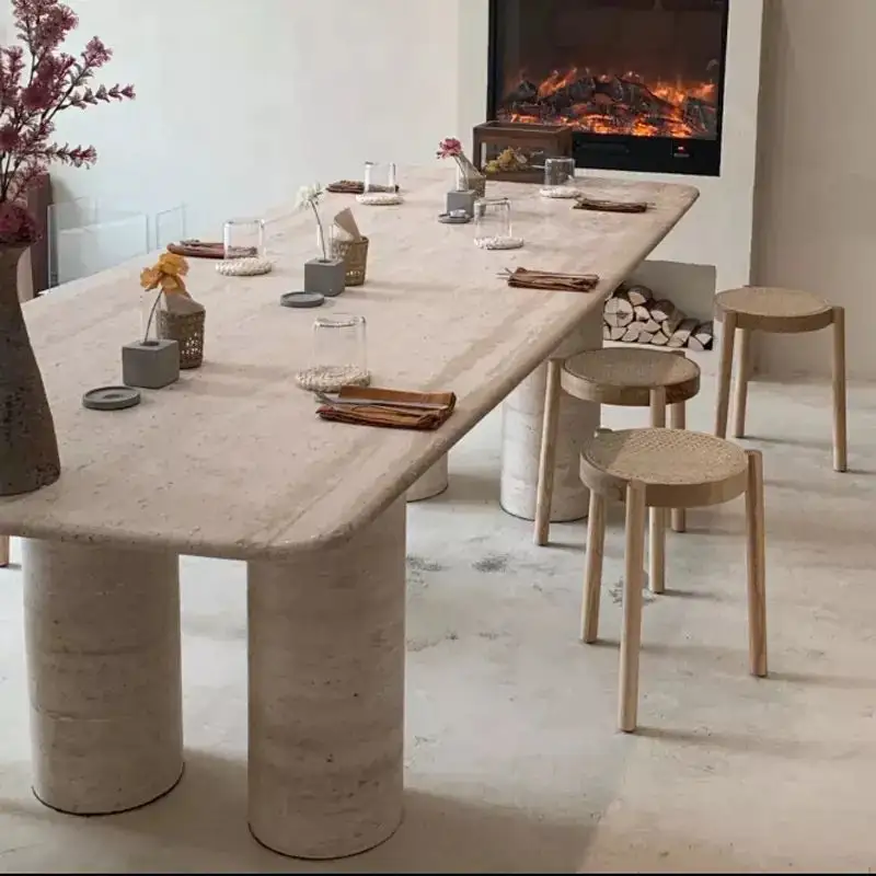 Royal Dining Room Italian Design Large Rectangle Stone Table Top Marble Beige Travertine Dining Table