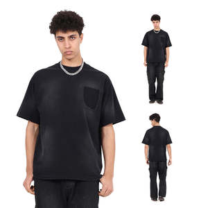 Camiseta de algodón puro 275GSM para hombre, con bolsillos, efecto lavado y bordes desgastados, manga corta - Product Image 2