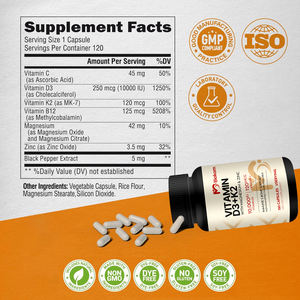 Biokom OEM Label pribadi <span class=keywords><strong>Vitamin</strong></span> D3 K2 kapsul dengan Magnesium, seng & <span class=keywords><strong>Vitamin</strong></span> C & <span class=keywords><strong>B12</strong></span> untuk dukungan kekebalan tubuh, tulang & otot - Product Image 3