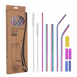 Paille à boire en acier inoxydable avec logo personnalisé réutilisable courbée droite or argent arc-en-ciel noir 30cm avec brosses de nettoyage - Product Image 4