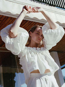 Blusa de Lino Transpirable para Mujer, Estilo Vintage, Color Sólido, con Volantes, Manga Corta, Sin Tirantes, Estilo Retro, con Mangas Abullonadas - Product Image 4