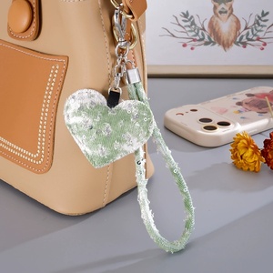 HR Customized Embossing Printing Women Fashion Clothing Accessories <b>Bag</b> <b>Charm</b> Girls Car Key Chain Sequins Denim Heart Keychains - Product Image 6