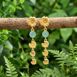 Designer jewelry round cut hydro quartz chalcedony gemstone dangler earring brass 18k gold plated flower <b>drop</b> statement earrings - Product Image 3