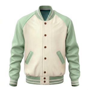 Veste varsity pour homme en menthe et crème avec boutons marron, coupe classique, vêtement décontracté pour l'automne - Product Image 1