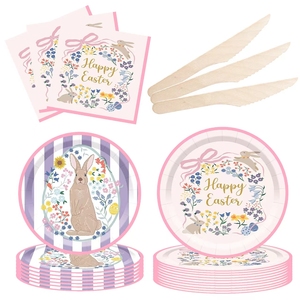 DAMAI Customized Easter Party Decoration Printed Rabbit Pattern Purple Disposable Bunny Easter Egg Party Paper Tableware Set - Product Image 4