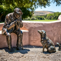 Statue de groupe personnalisable en bronze coulé, style réaliste grandeur nature, pour décoration de parc et de jardin, représentant un vieil homme avec un chien