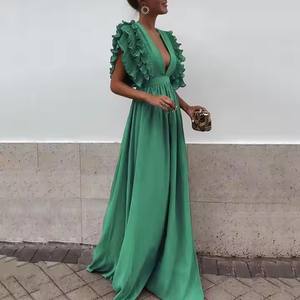 S-3XL 大码优雅长裙舞会夏季服装女式深 V 领性感露背长裙荷叶边袖 - Product Image 1